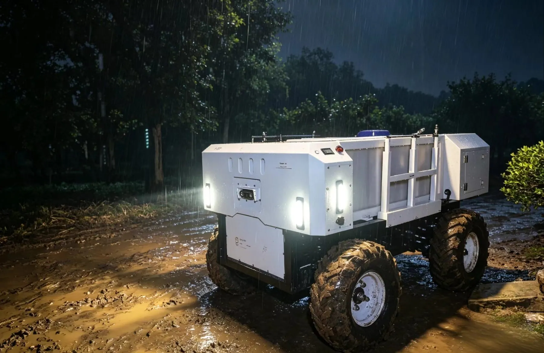 澜犀100轮式机器人在夜间雨后道路行走
