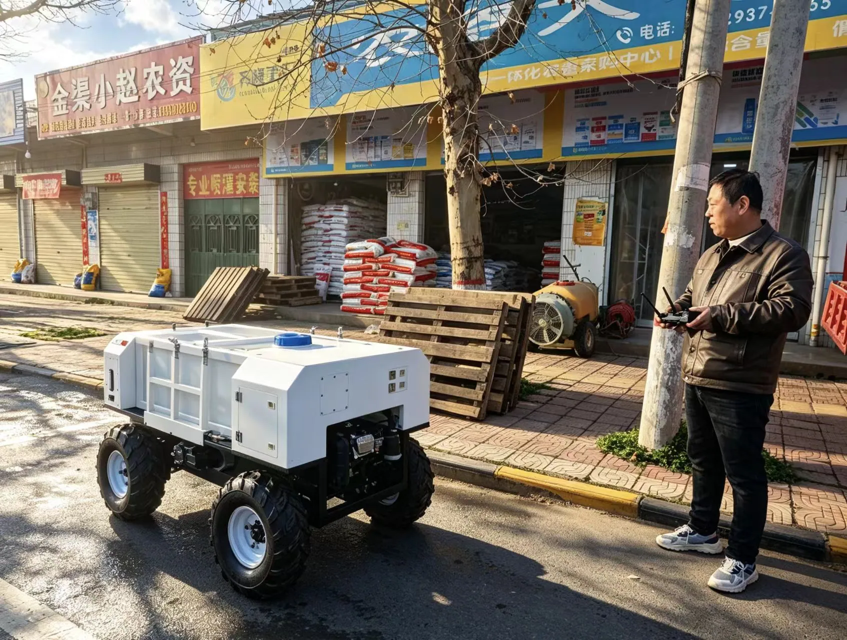 澜犀100轮式机器人在农资门店前交付使用